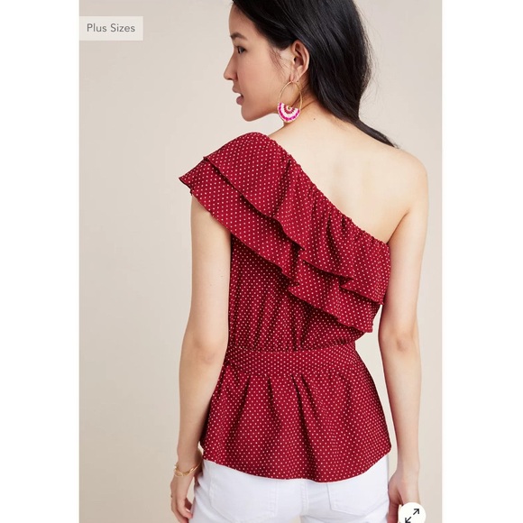 Anthropologie Maeve Rita Ruffled One Shoulder Red Polka Dot Top - Picture 3 of 10